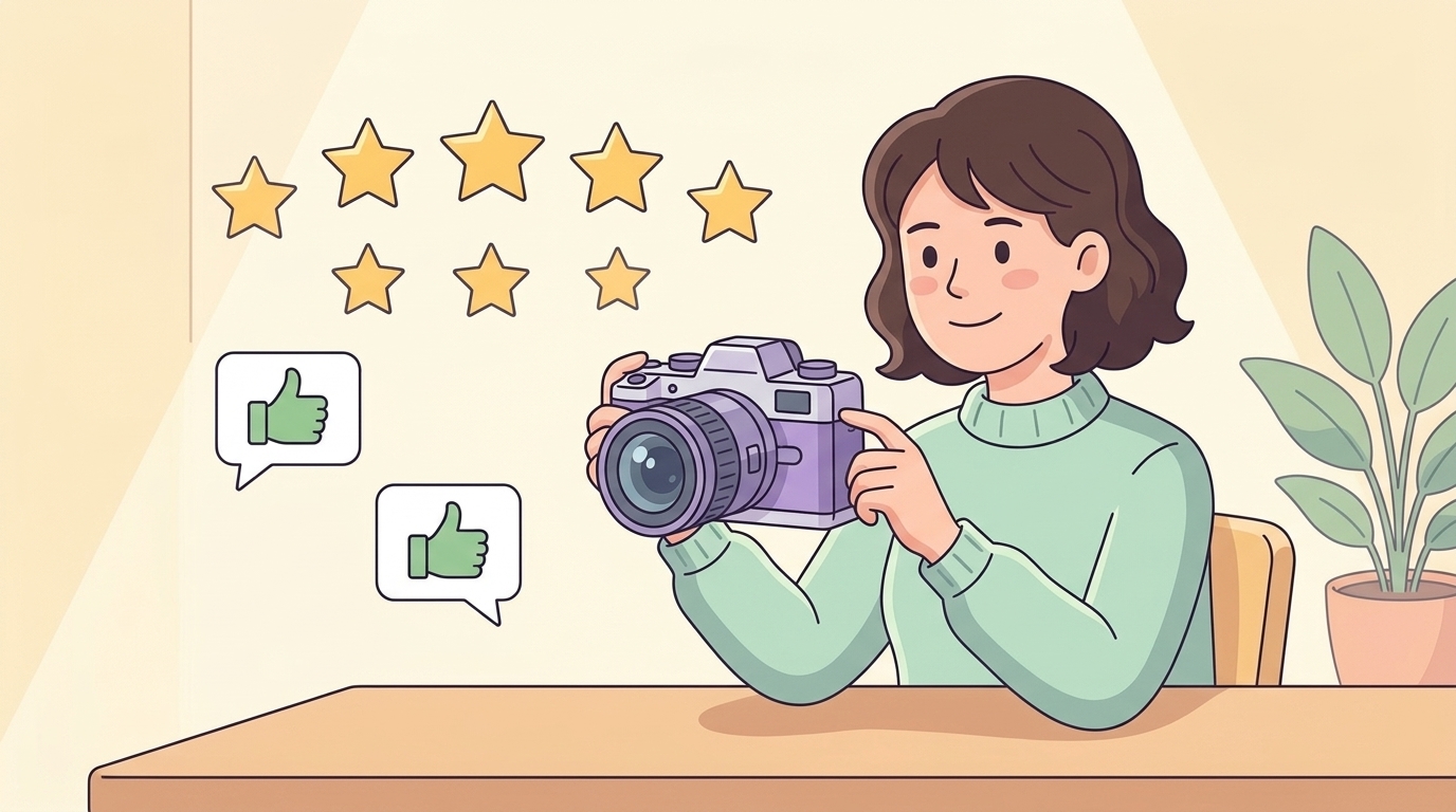 カメラを持つ満足したユーザーと高評価レビューのイラスト