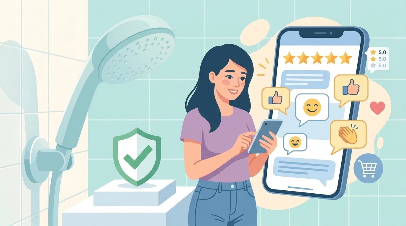 スマートフォンの高評価レビュー画面を見て笑顔の女性のイラスト