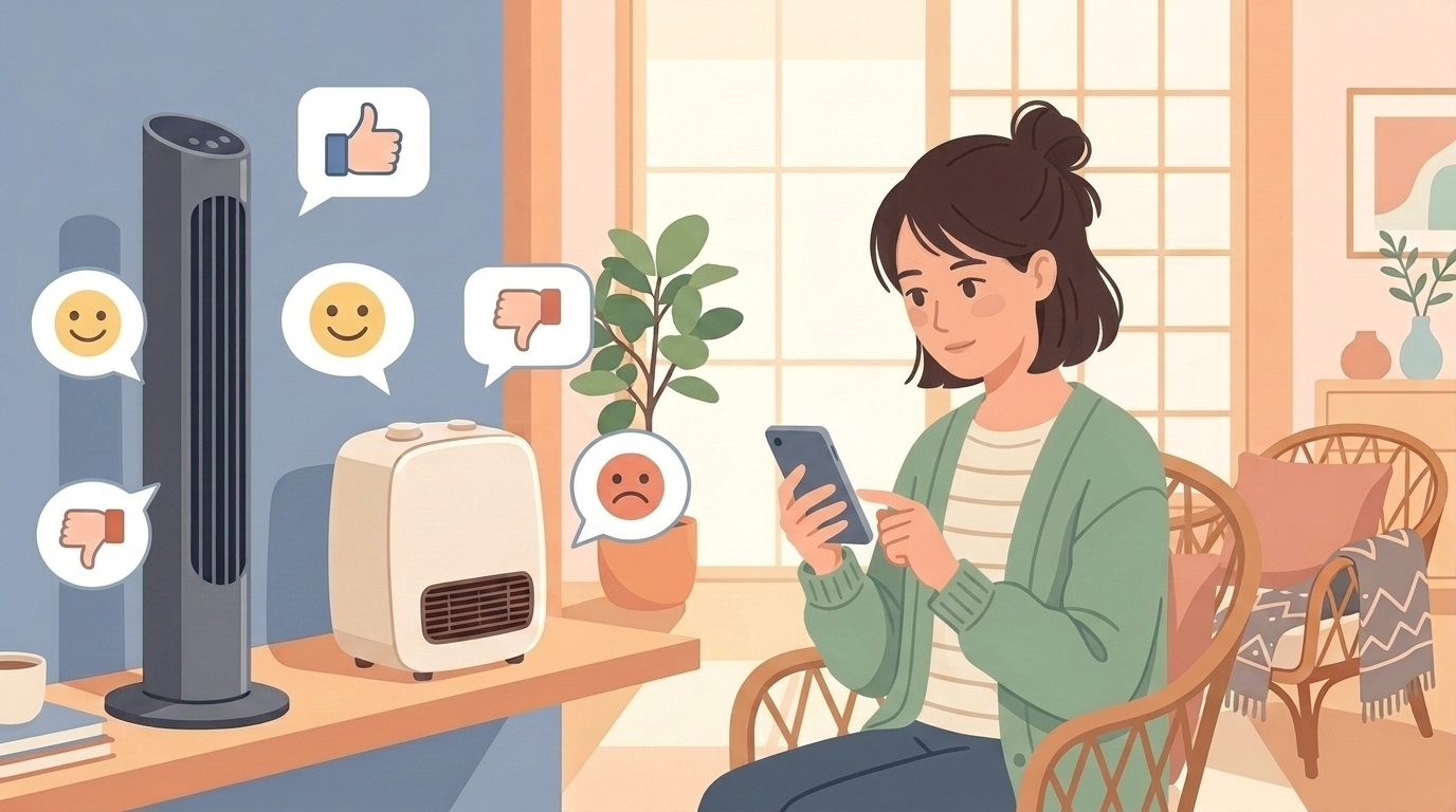 スマホでレビューを確認する女性と評価アイコンのイラスト