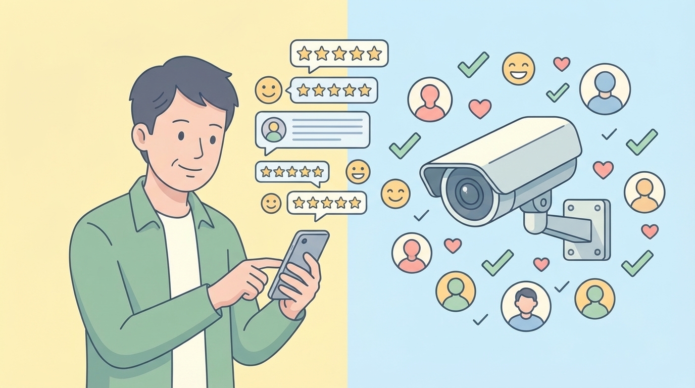 スマートフォンでレビューを確認する男性と高評価の防犯カメラのイラスト