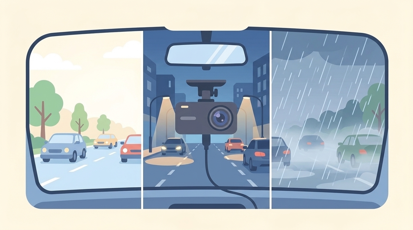 昼間・夜間・雨天の3条件でドラレコ映像品質を比較するイラスト