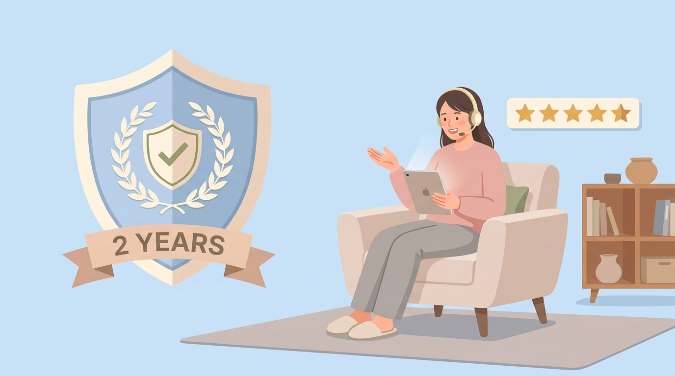 2年保証シールドとサポートスタッフと5つ星評価のイラスト