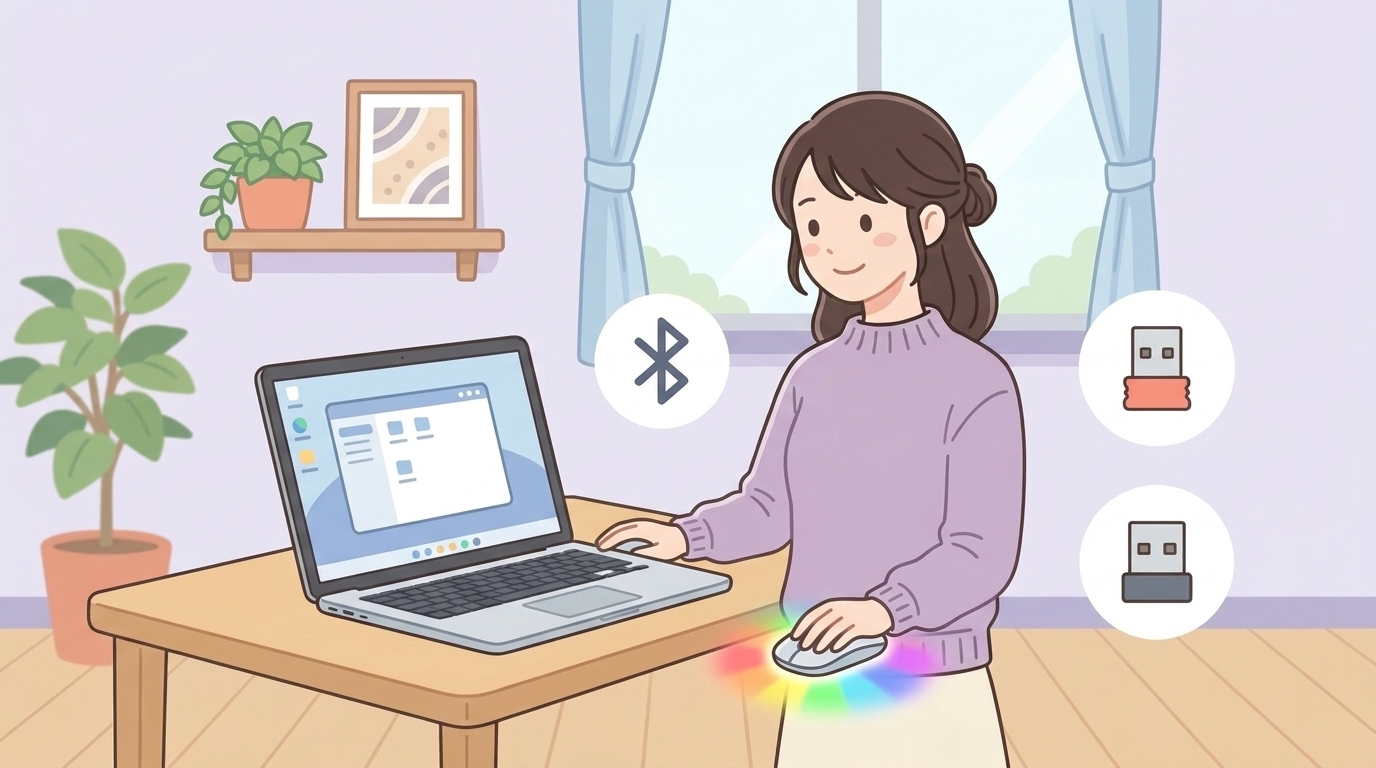 LEDライト付きワイヤレスマウスをデスクで使う女性のイラスト