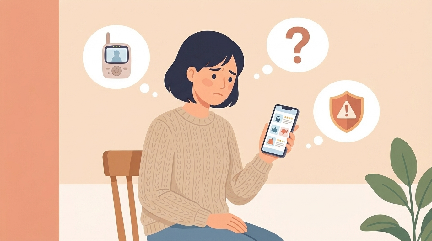 ベビーモニターの安全性に不安を感じる女性のイラスト