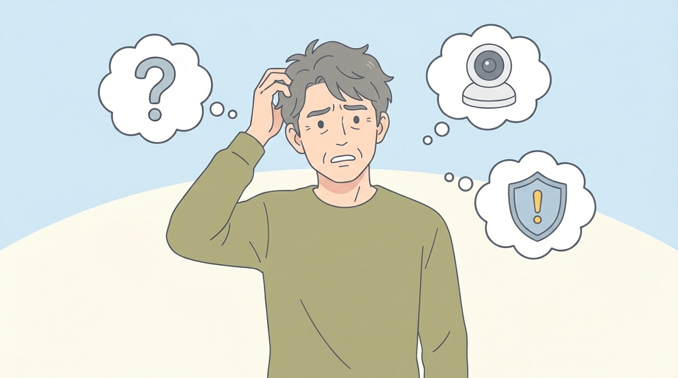 防犯カメラの安全性に不安を感じる男性のイラスト