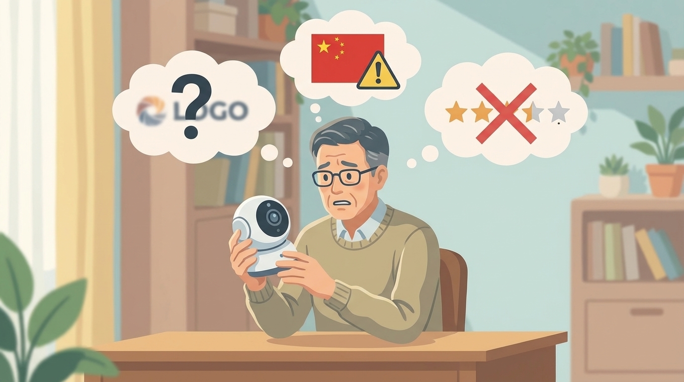 防犯カメラに不安を感じる男性のイラスト