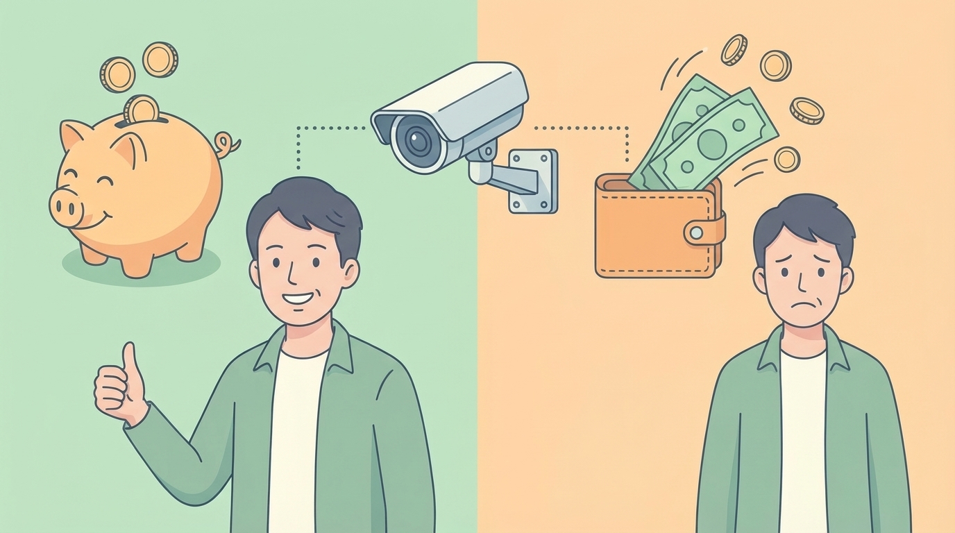 サブスクゼロと月額課金の比較を示す防犯カメラのコスト比較イラスト