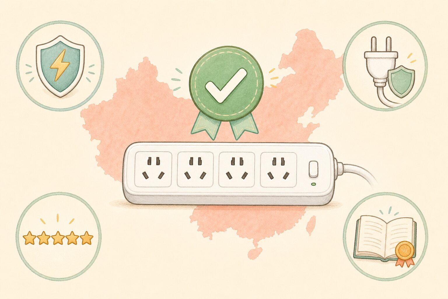 中国の地図と電源タップとチェックマークが組み合わさった結論まとめインフォグラフィック