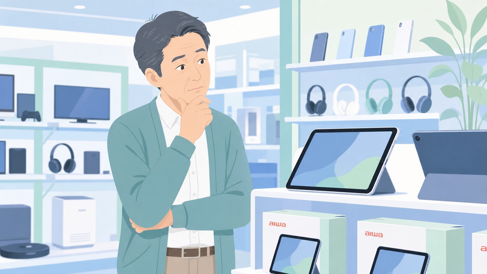 電器店でaiwaタブレットを手に取り考え込む40代男性のフラットイラスト