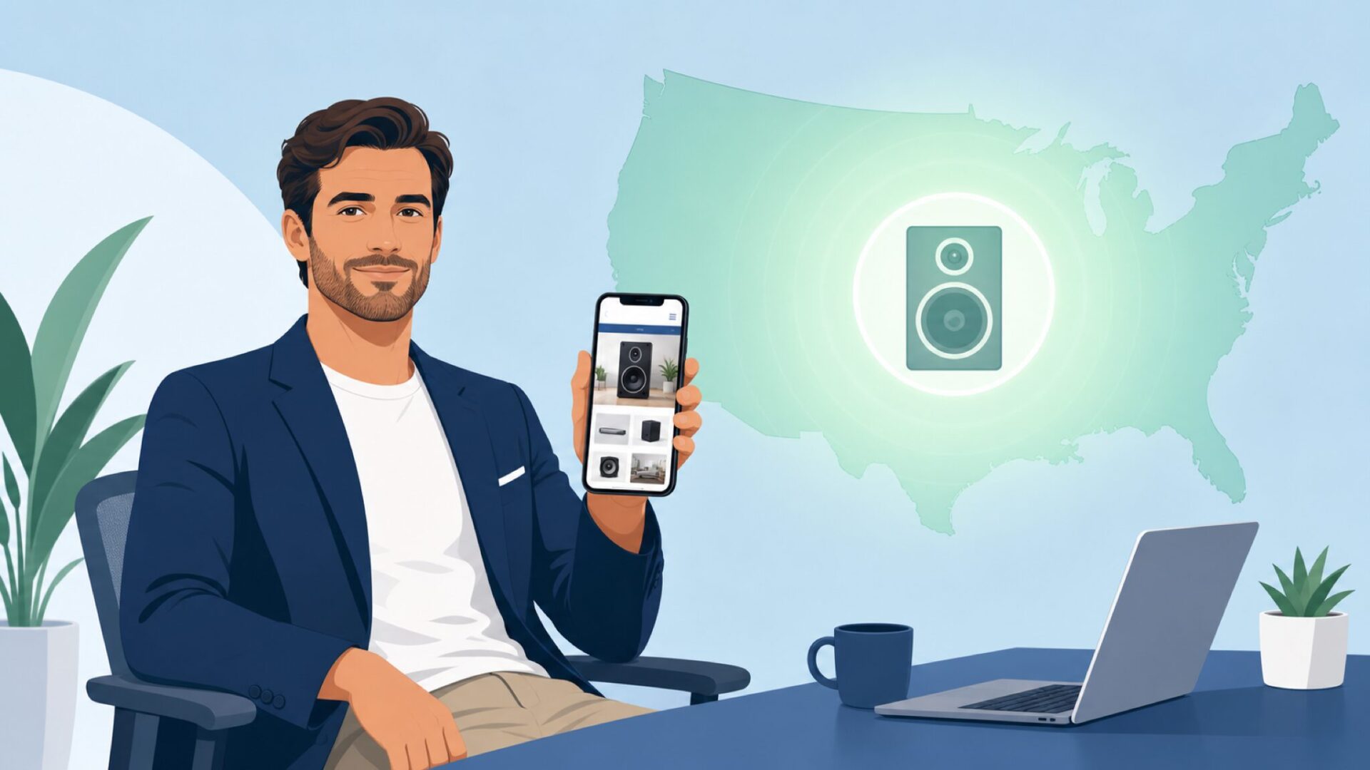 アメリカ発のオーディオブランドを調べる男性とUSAマップのフラットイラスト