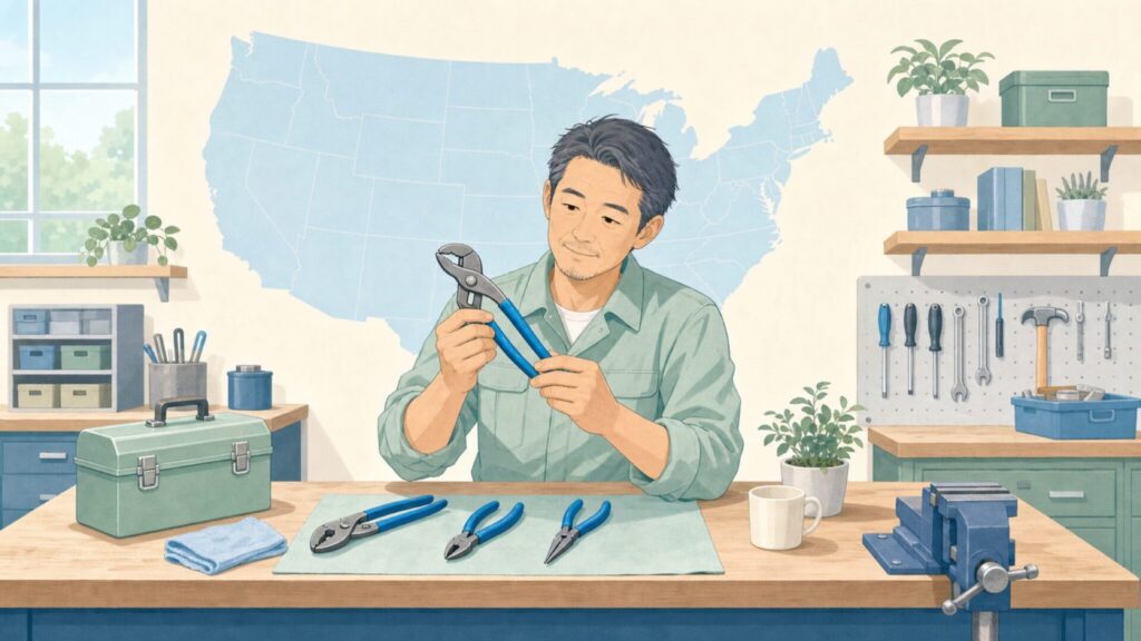 作業台でアメリカ製工具を確認する職人のイラスト