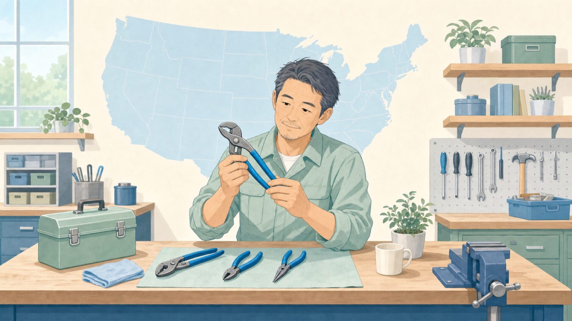 作業台でアメリカ製工具を確認する職人のイラスト