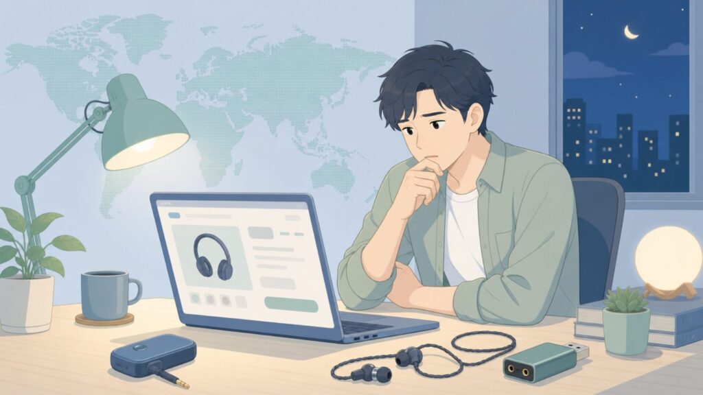 EastVita Audioの製造国を調べる男性のイラスト