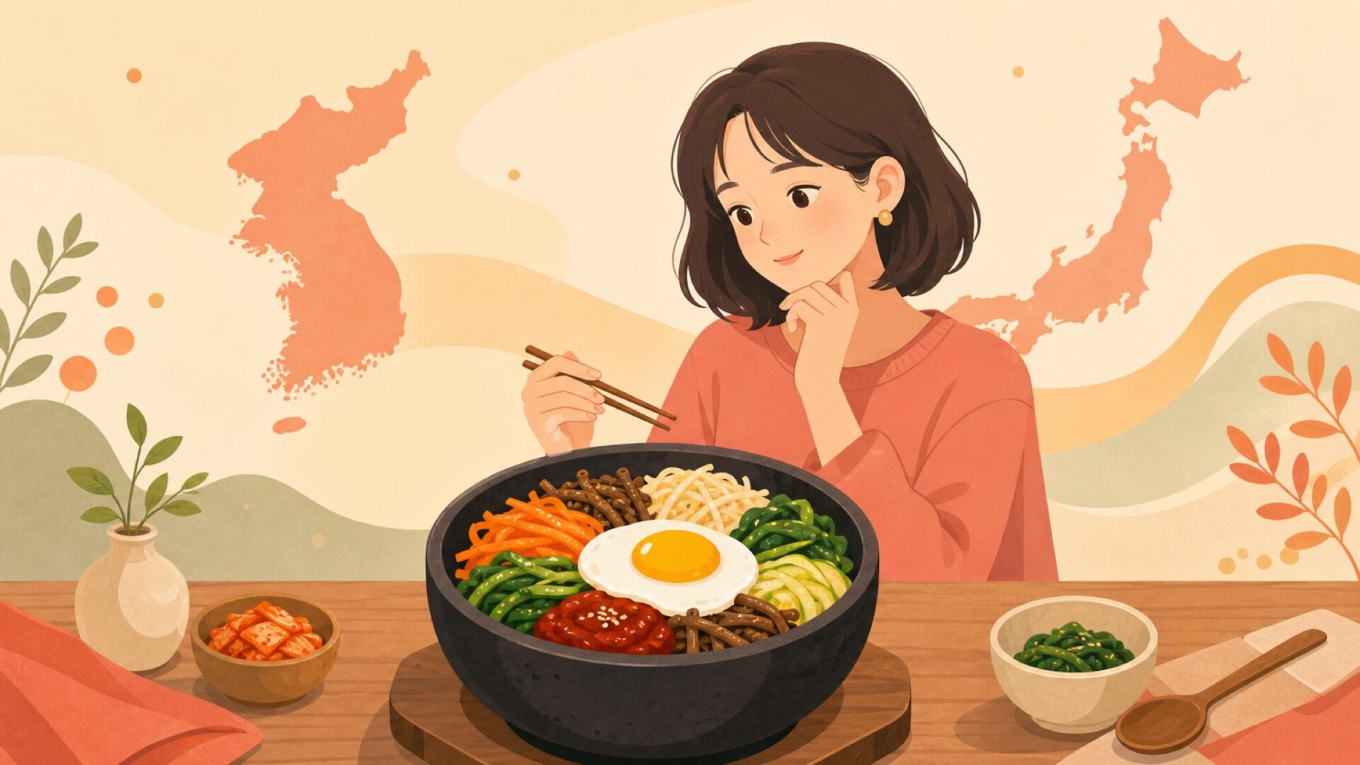 ビビンバの起源と日韓の歴史を表すフラットイラスト