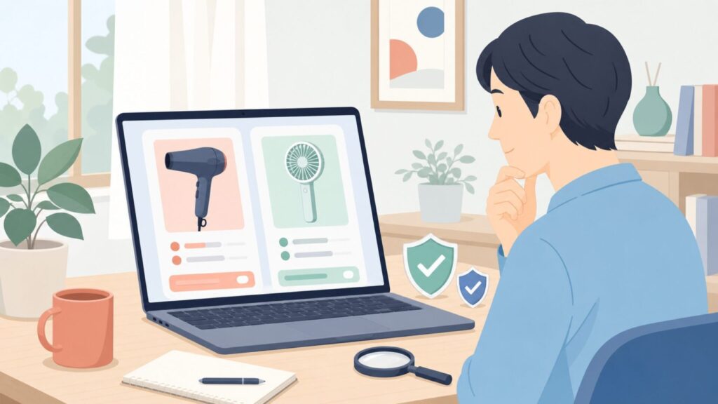 Bonfeurの販売元や口コミを確認する人のイラスト