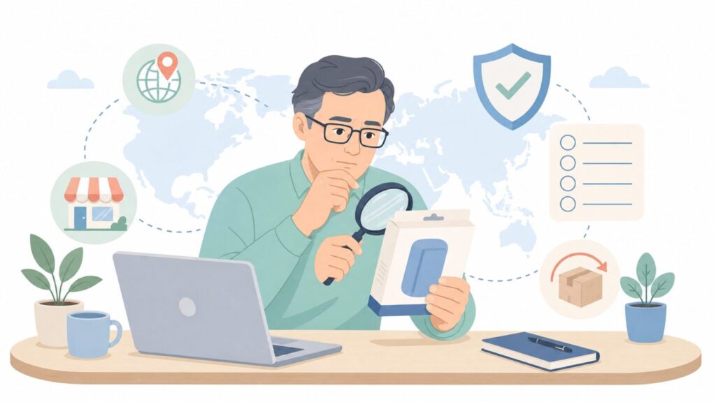 ブランドの国や信頼性を確認する買い物前の様子