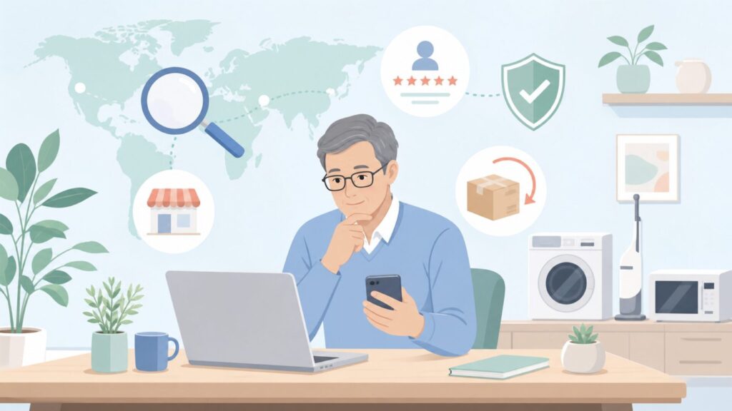 購入前にブランド情報を確認する人のイラスト