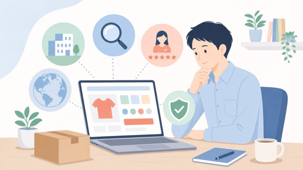 ブランド情報を確認して購入判断する人のイラスト