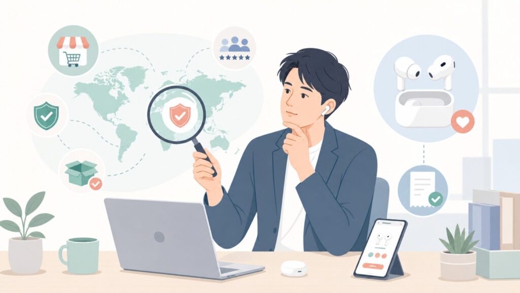 未知ブランドの購入前確認をする人物のイラスト