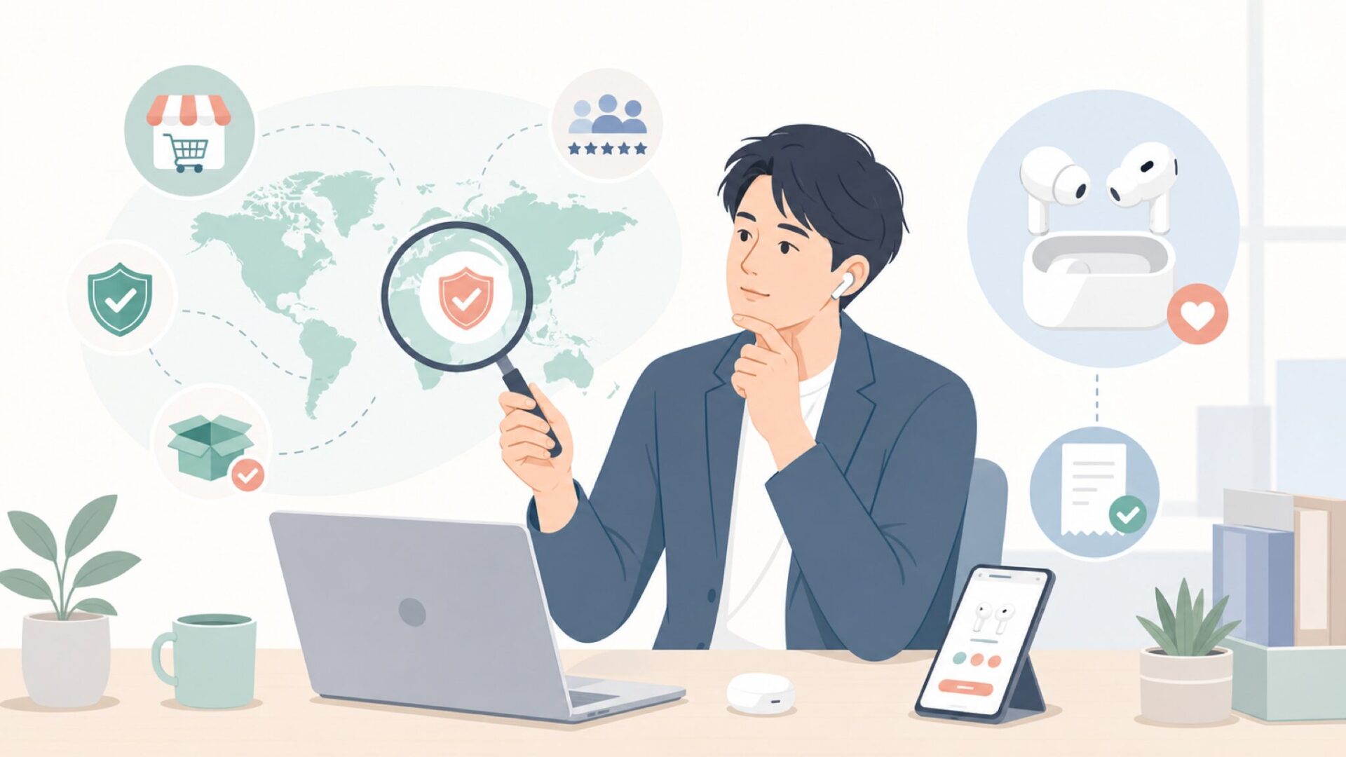 未知ブランドの購入前確認をする人物のイラスト