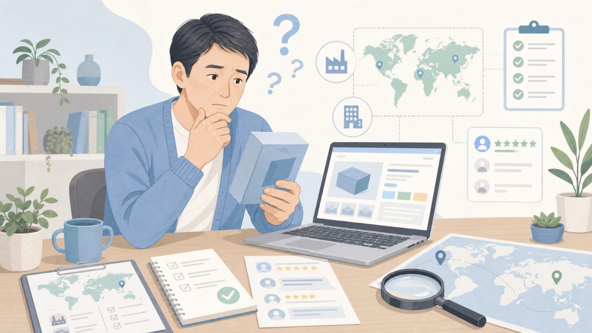 PureMateの国や運営元を調べる人のイラスト