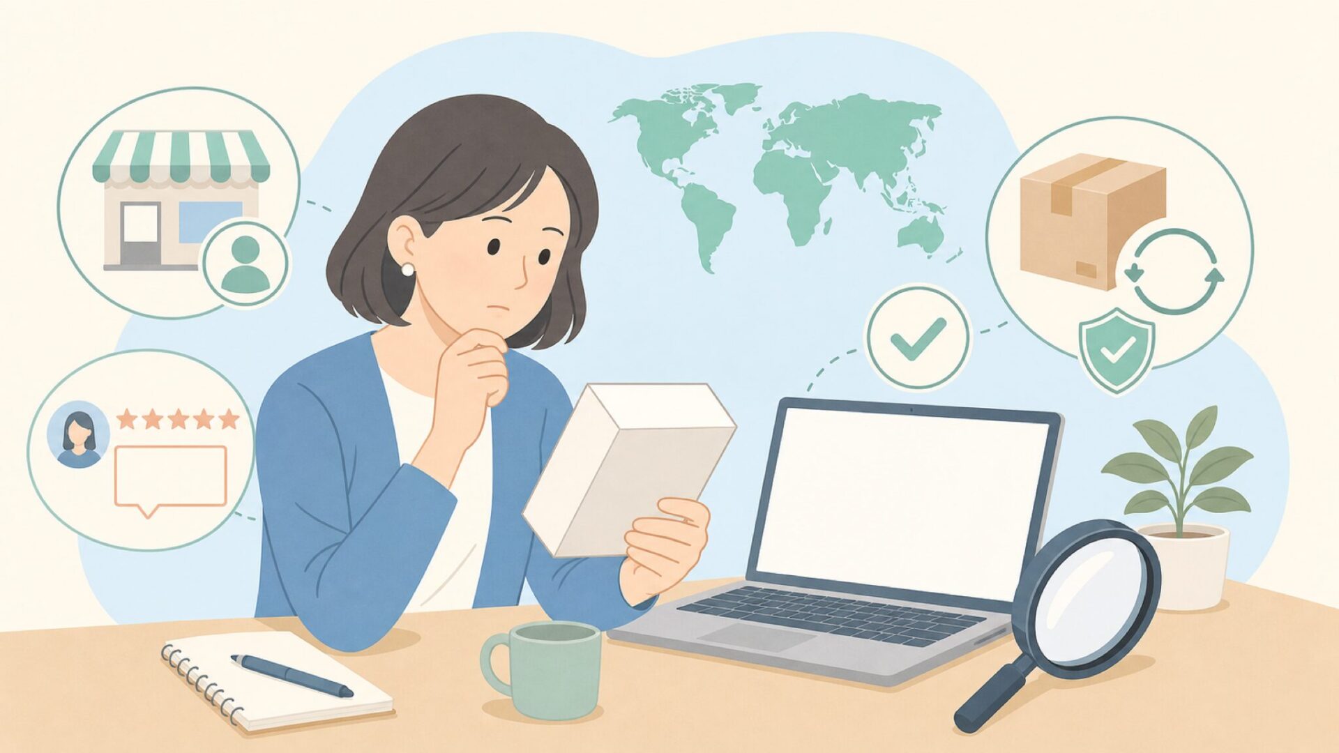 Raniacoの国や販売元を確認する人のイラスト