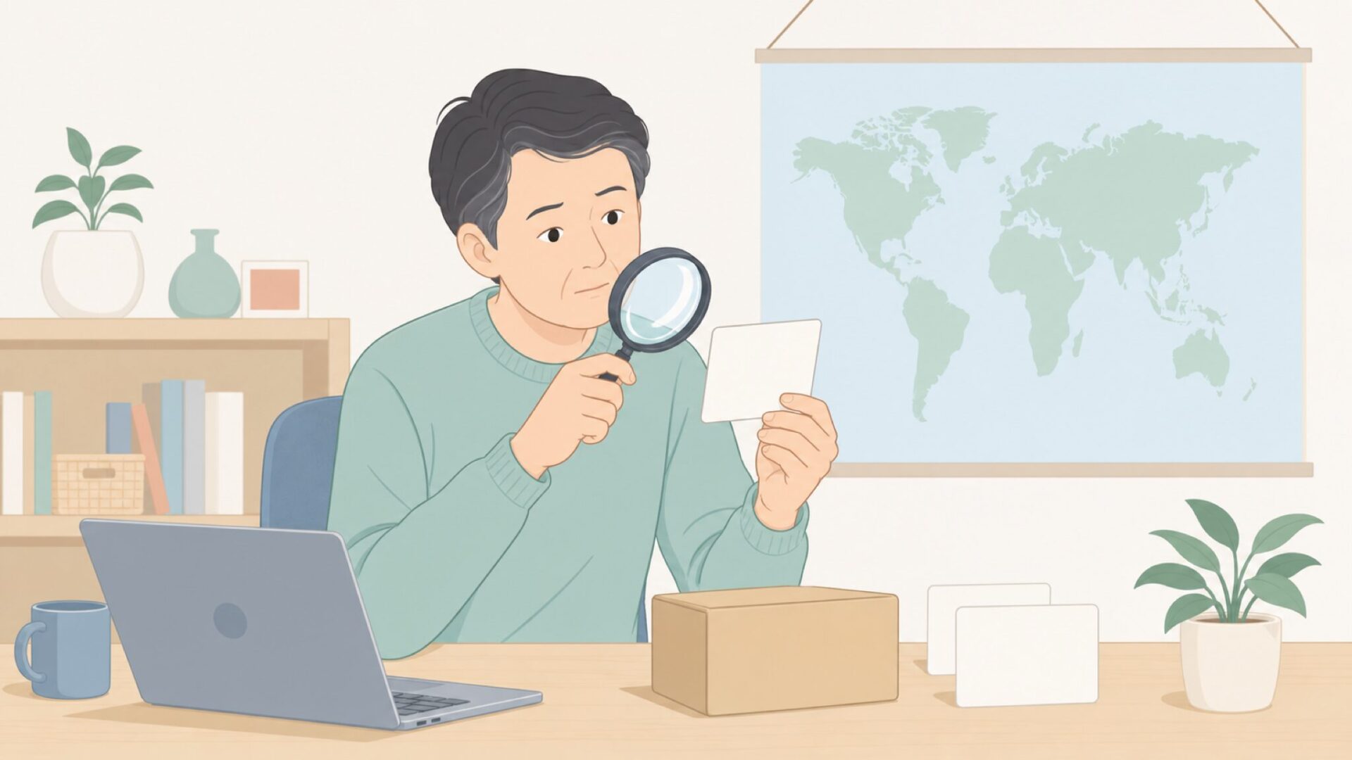 ブランドの販売元を確認する買い物客のイラスト