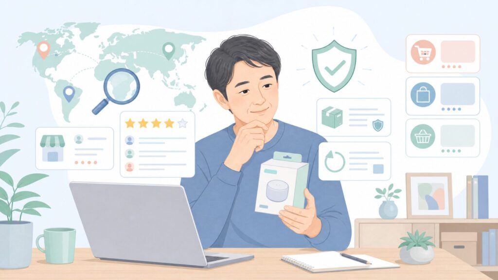 ブランドの国や販売元を確認する読者のイラスト