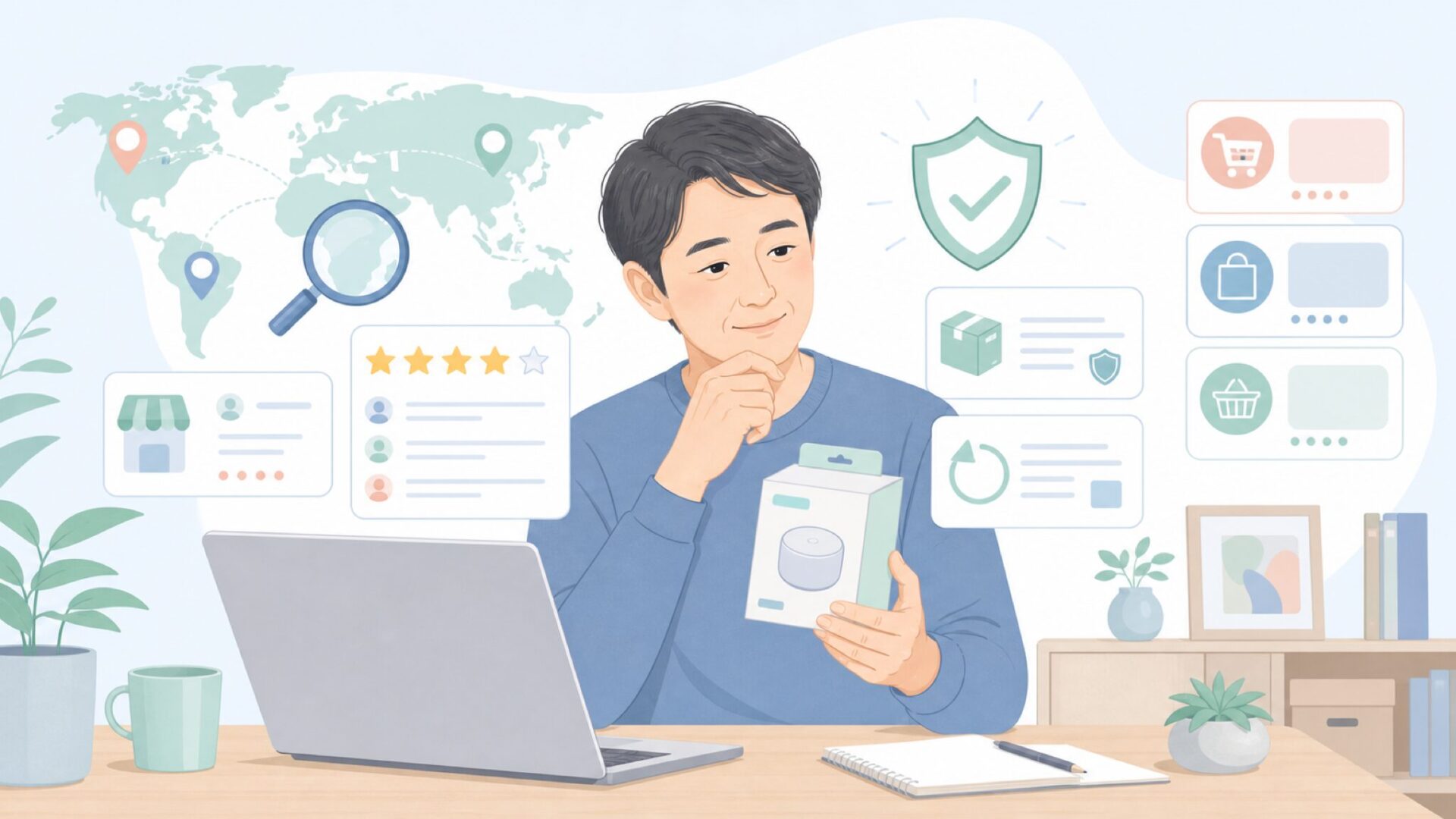 ブランドの国や販売元を確認する読者のイラスト