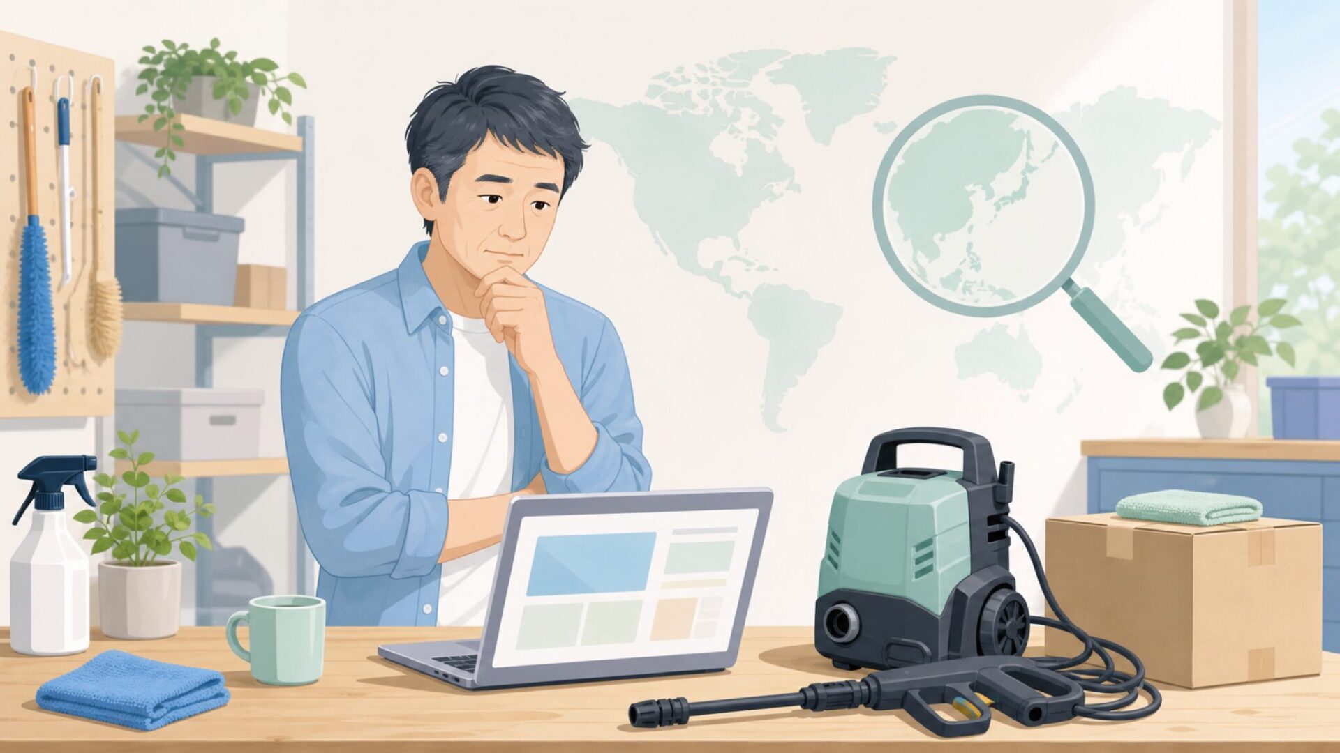 Supalakの販売元を確認する人物と高圧洗浄機