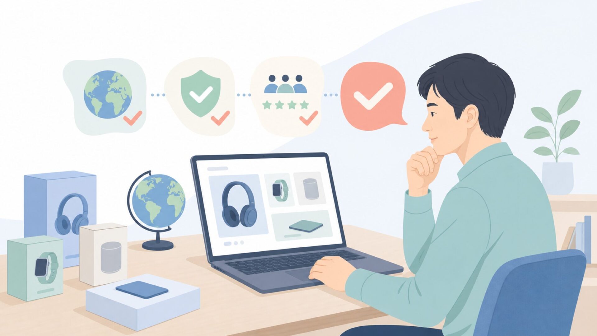 ブランドの国や信頼性を確認する人のイラスト