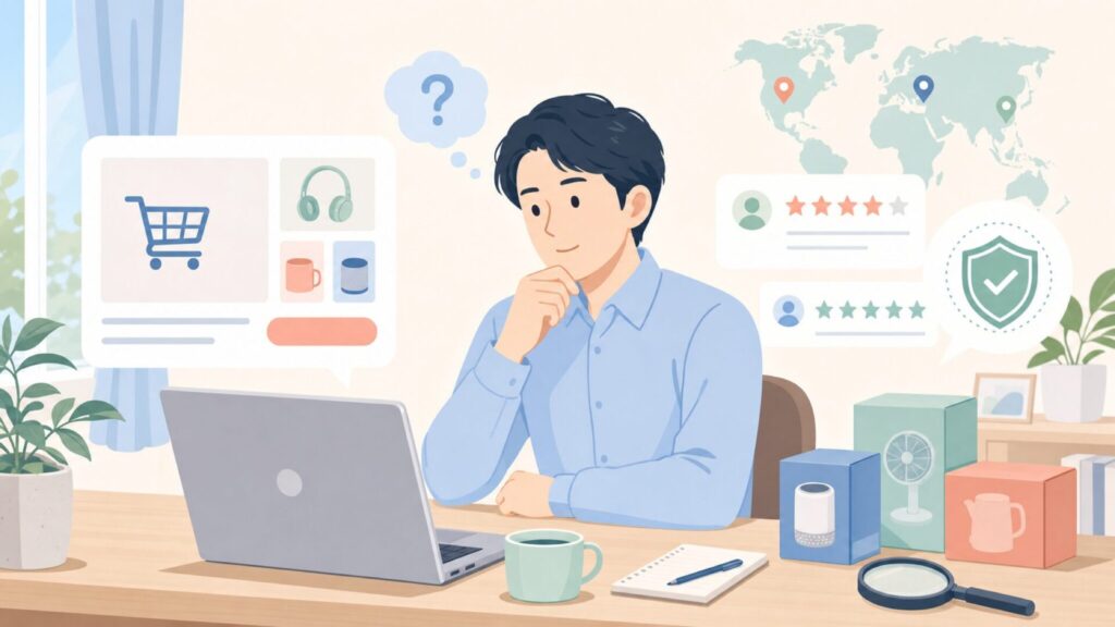 Unifunの購入前チェックをする人物のイラスト