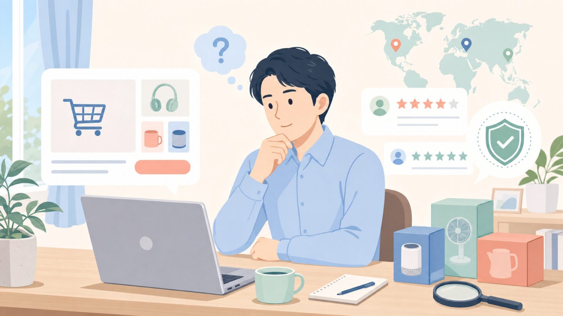 Unifunの購入前チェックをする人物のイラスト