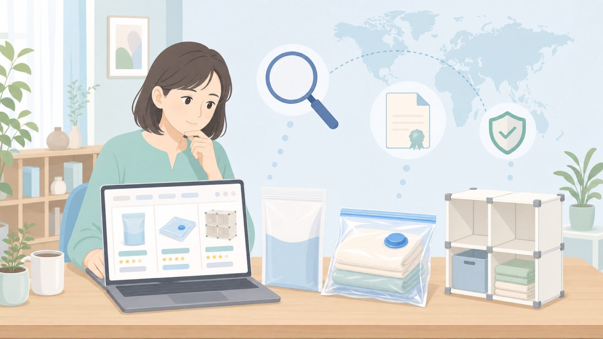 Vacplusの出所と評判を確認する女性