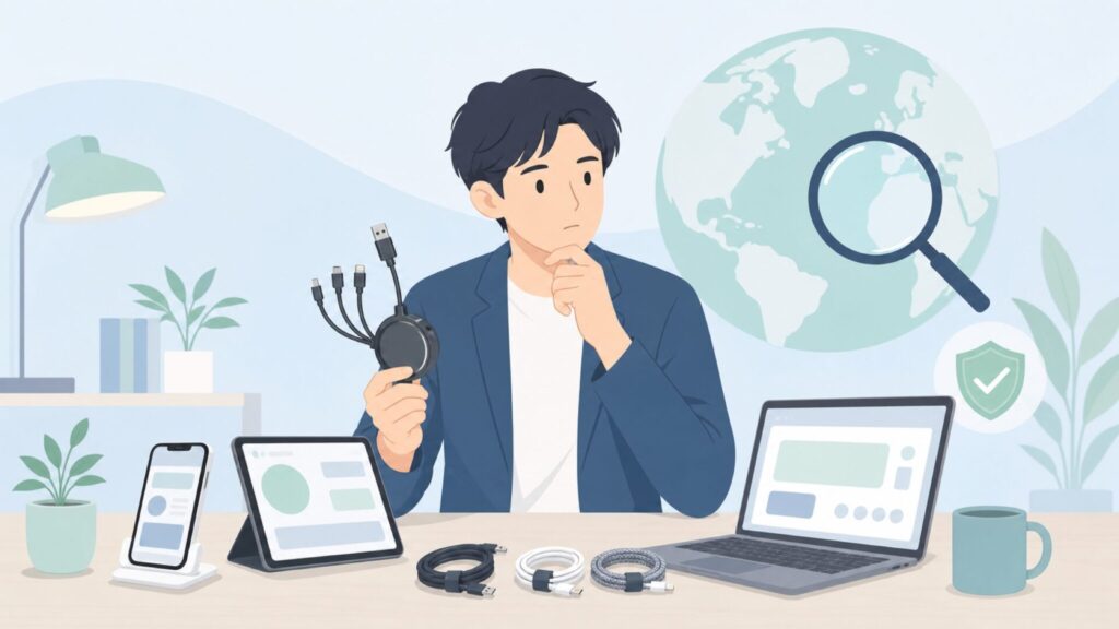 充電ケーブル購入前にブランドを調べる様子