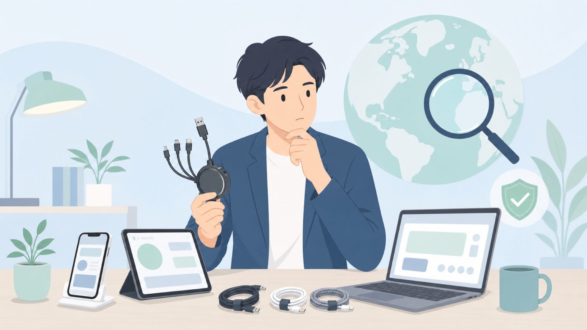 充電ケーブル購入前にブランドを調べる様子