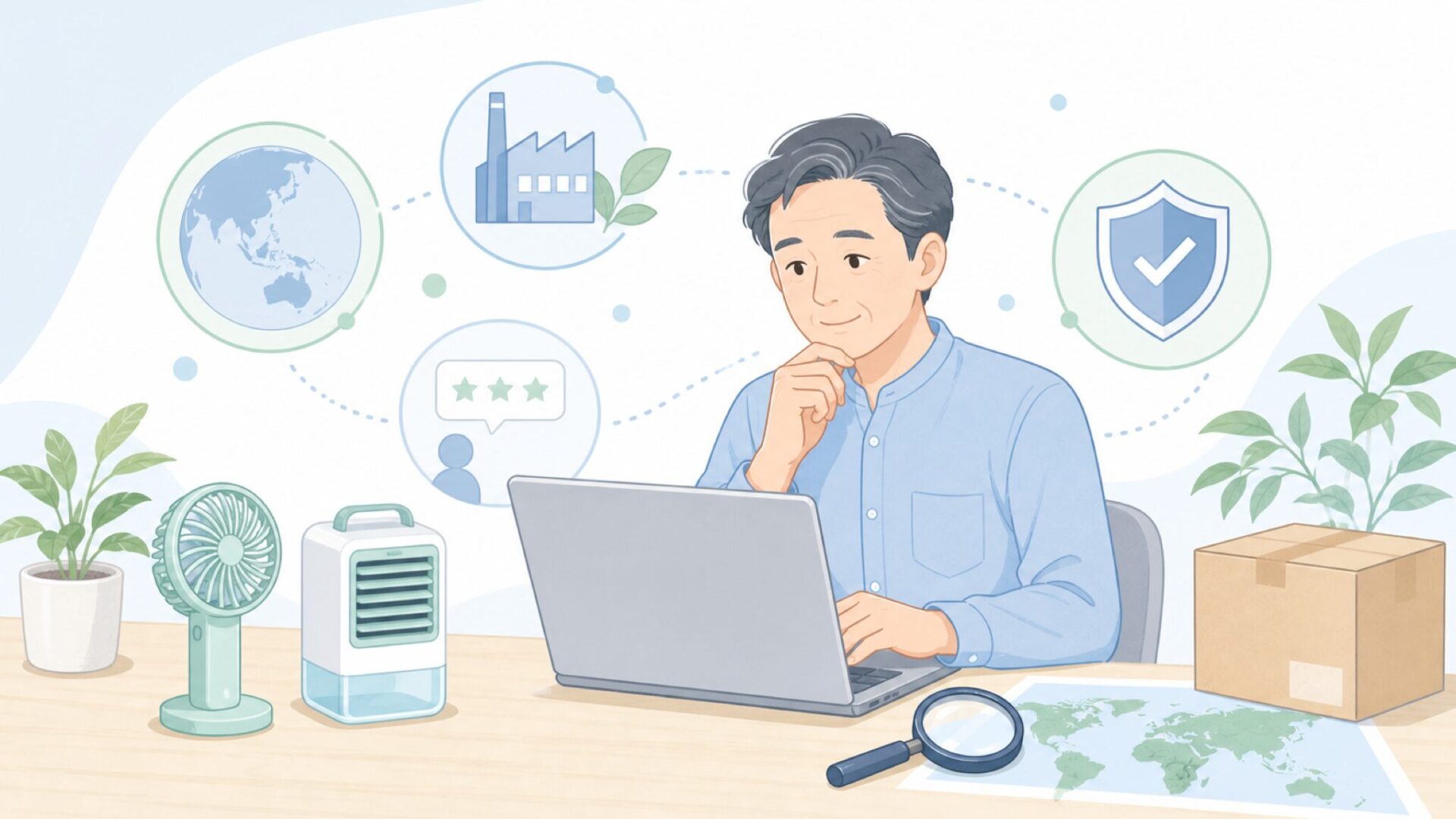 CoolBossの国や口コミを確認する買い物客