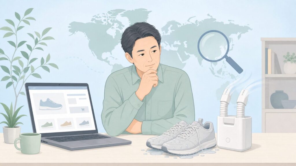 靴乾燥機のブランドを調べる人のイラスト