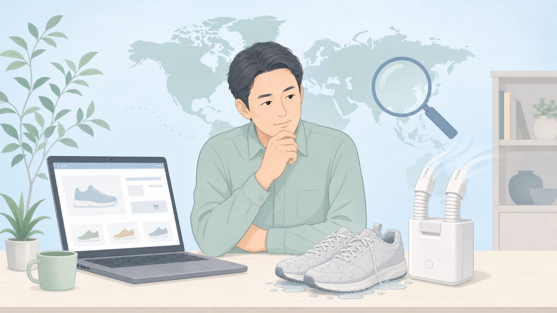 靴乾燥機のブランドを調べる人のイラスト