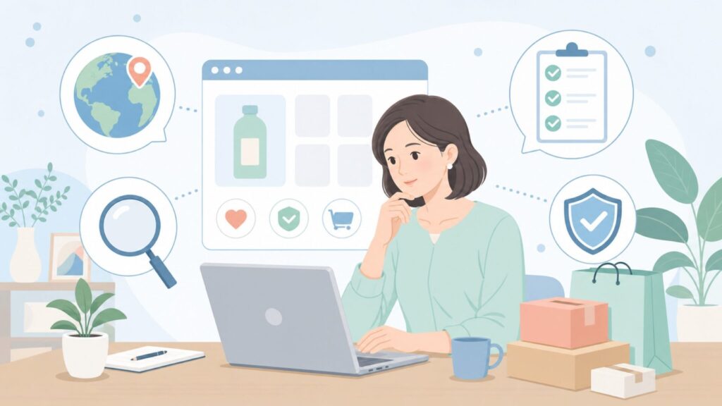 ブランドの国や評判を確認する女性のイラスト