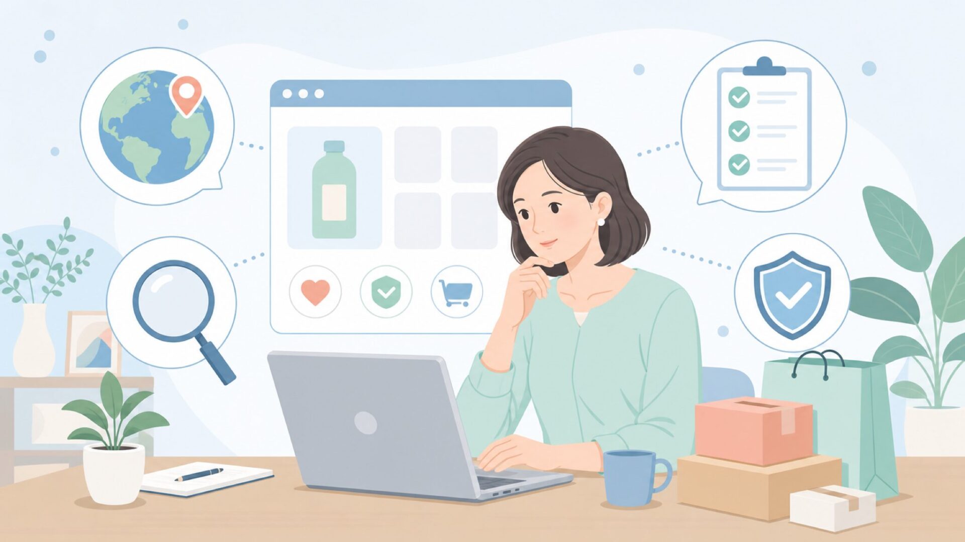 ブランドの国や評判を確認する女性のイラスト
