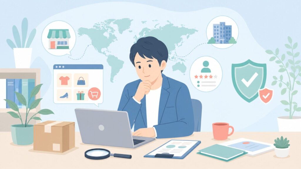 Simpfunの国や評判を調べる人物のイラスト