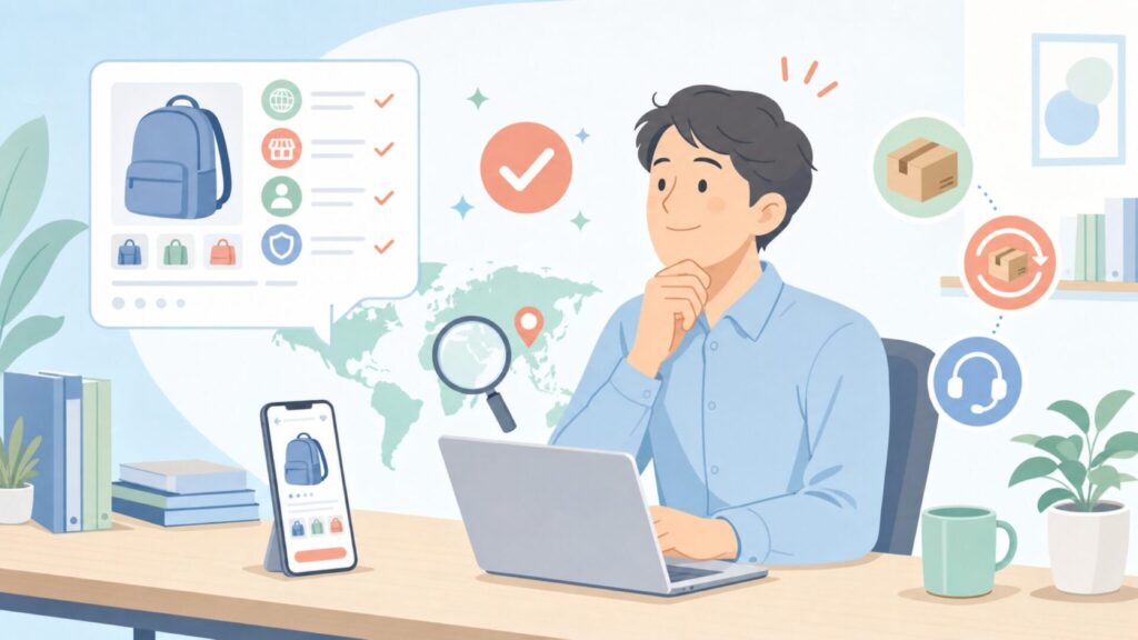 Tredyの国や安全性を調べる人物のイラスト