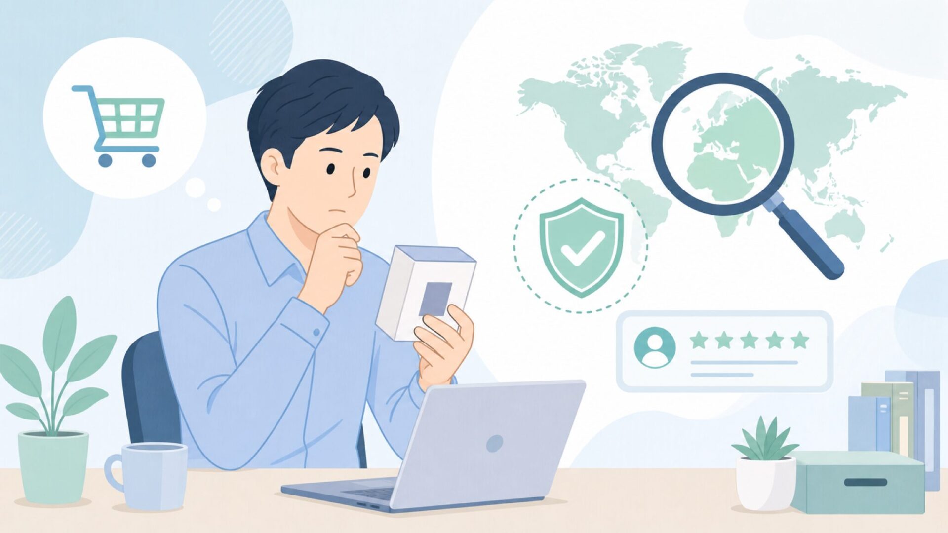 ブランドの国と評判を確認する人物のイラスト
