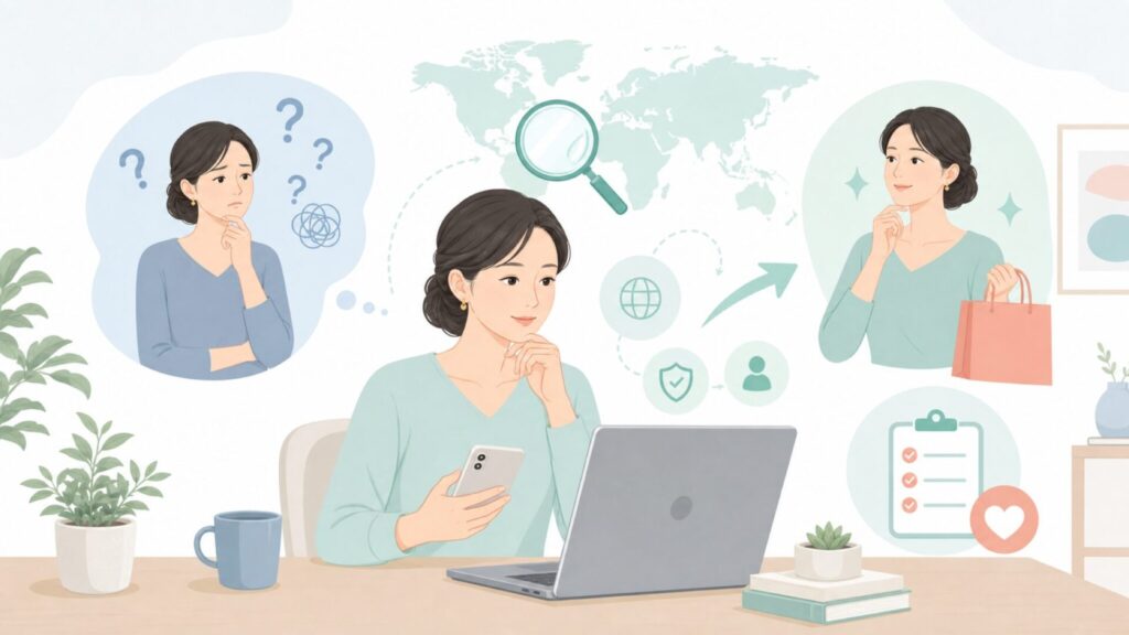 Weweyaのブランド情報を購入前に確認する女性