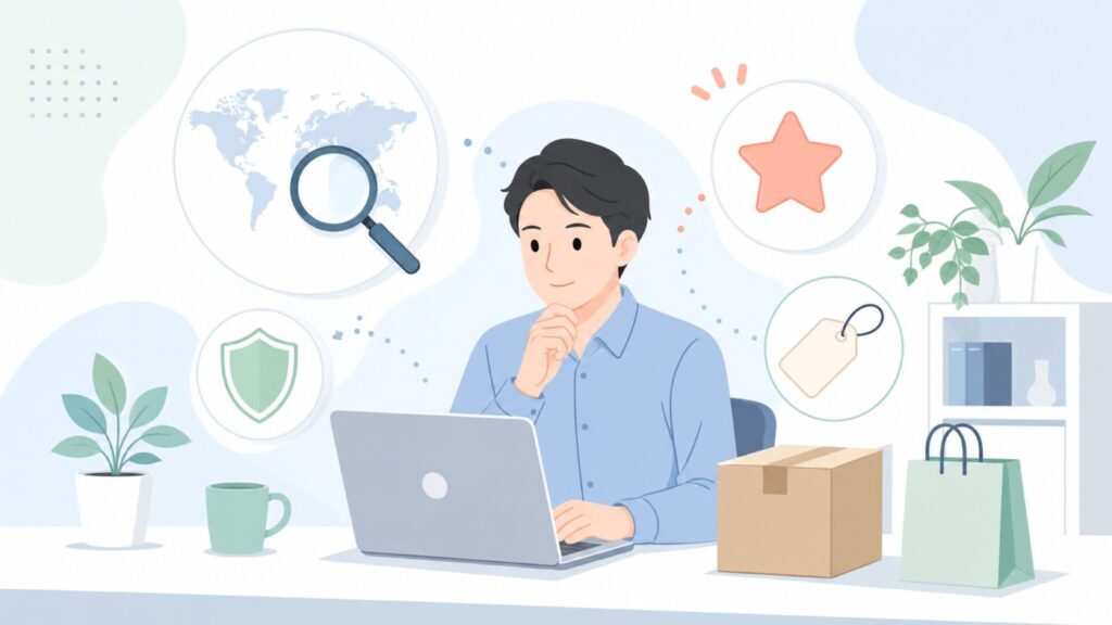 ブランドの国や評判を調べる人のイラスト