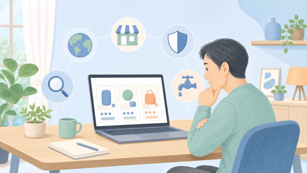 Gimifyの販売元や品質を確認する人物のイラスト