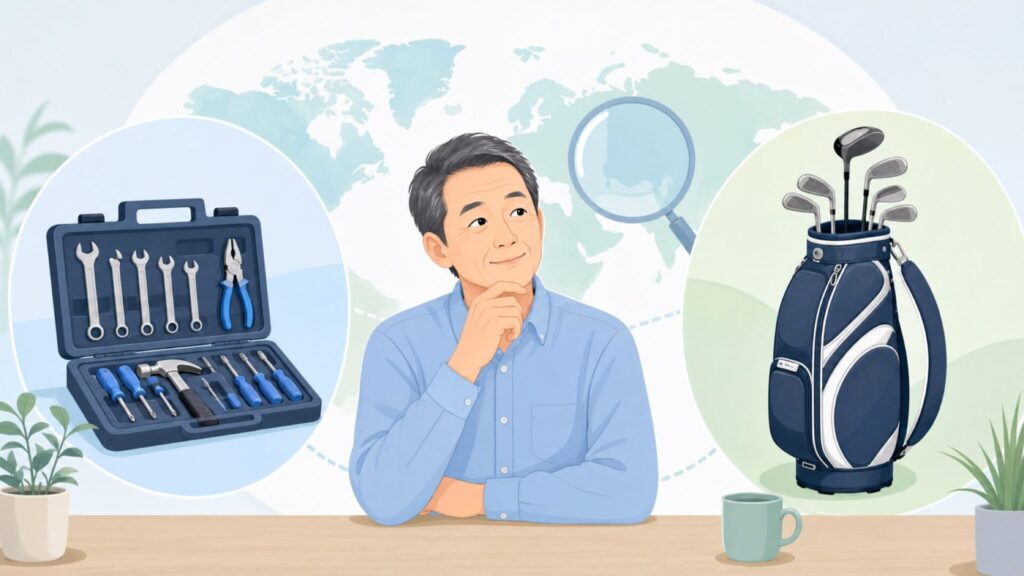 VESSELの工具とゴルフ用品を比較する人物