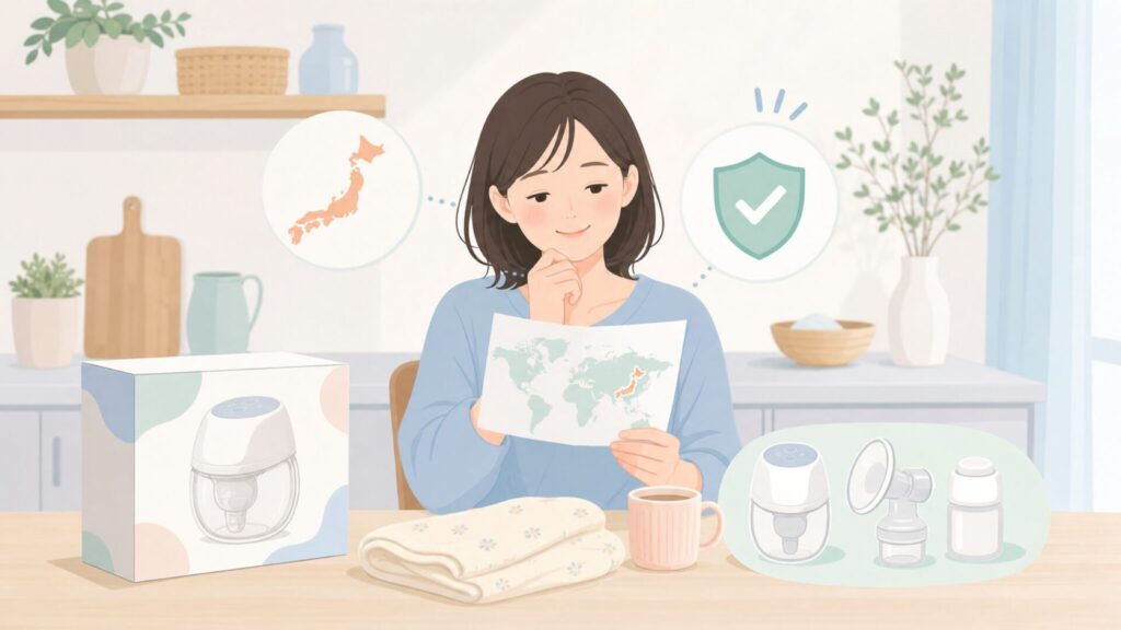 ブランドの出自と安全性を確認する母親のイラスト