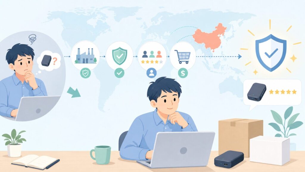 UGREENはどこの国のメーカー？中国ブランドの信頼性と安全性を徹底解説の要点を表すイラスト